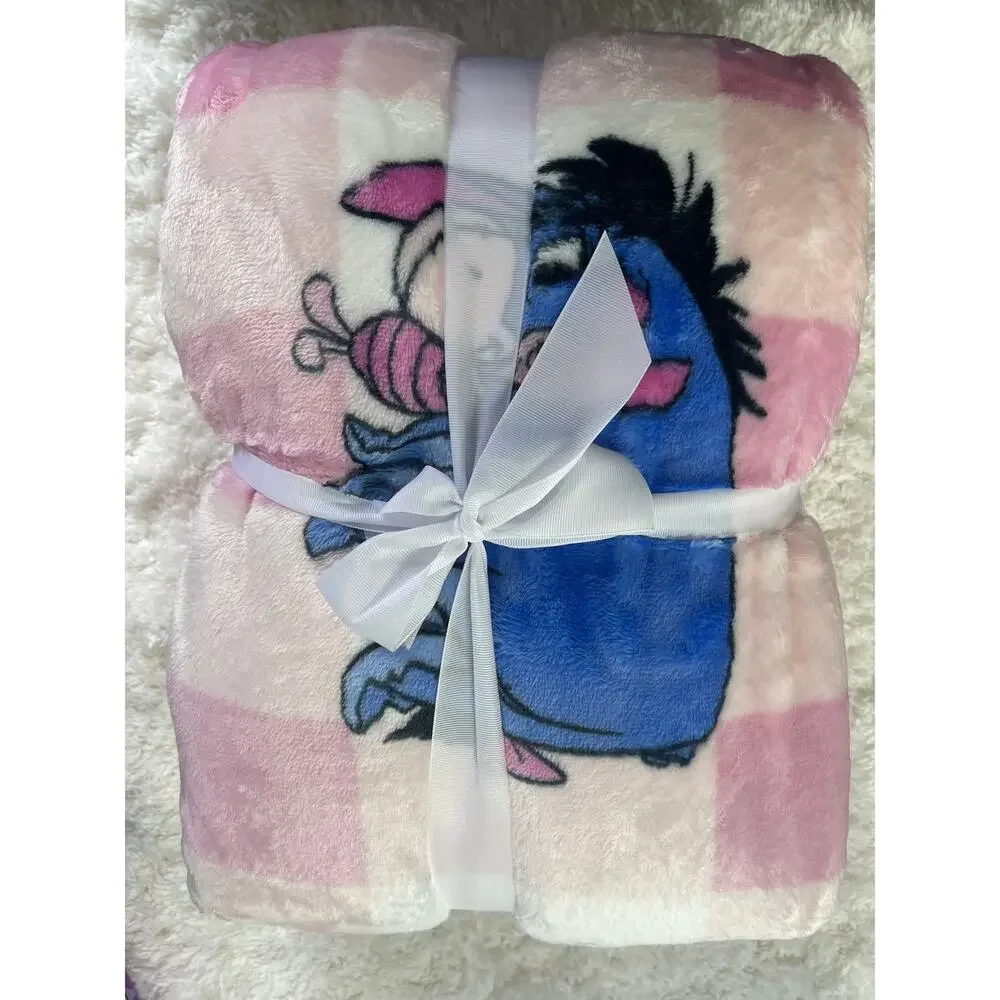 Disney Winnie the Pooh Eeyore Piglet Silk Touch Throw Blanket 60 x 70 Pink Heart
